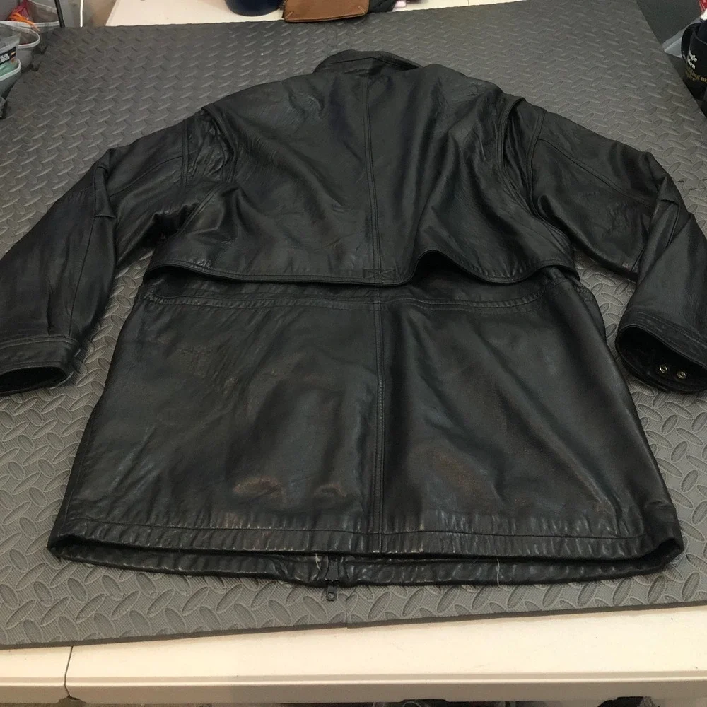 Tannery West Vtg Genuine Black Leather Fireman Lobster Clasp Jacket Coat XL
